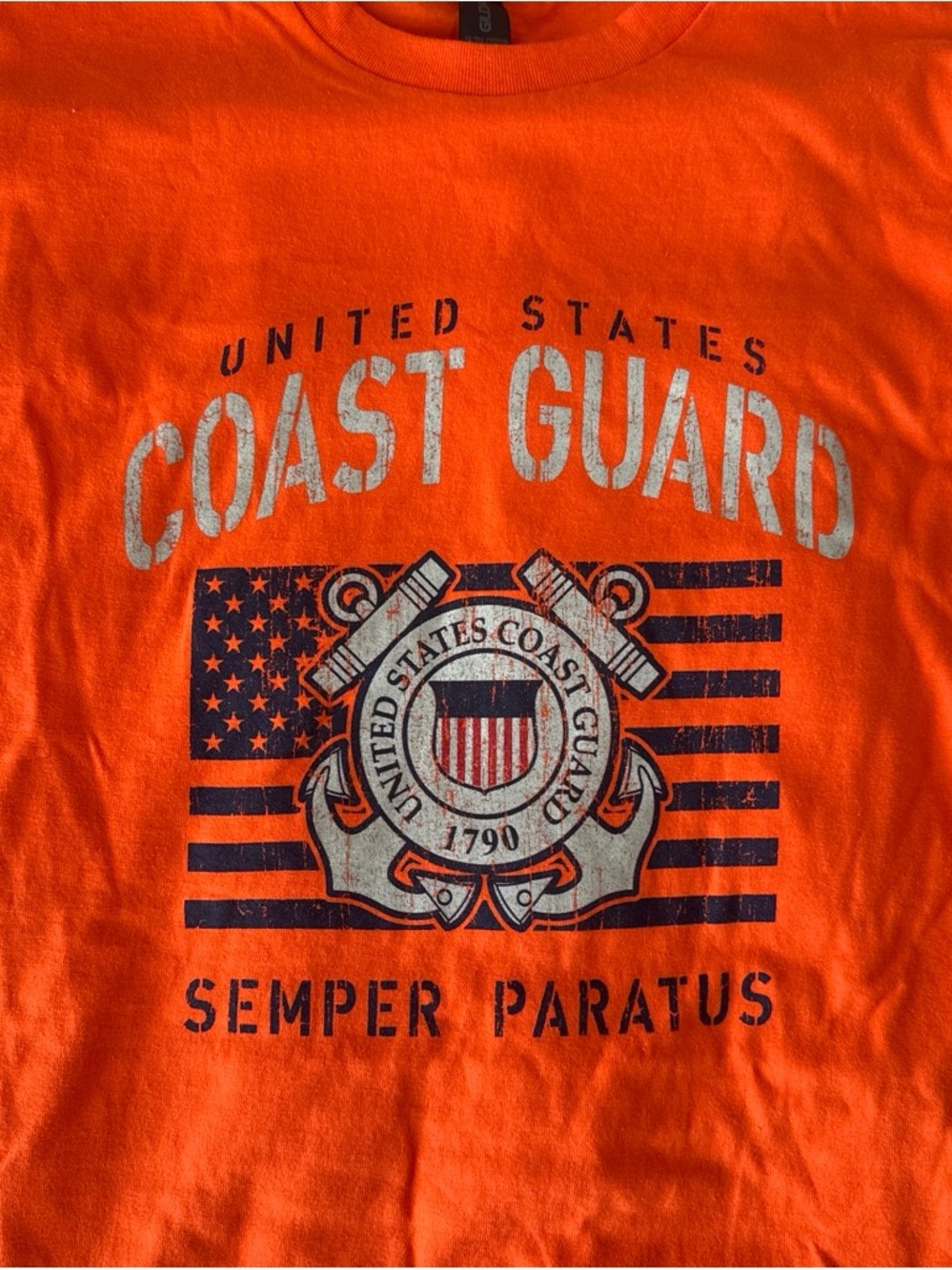 Gildan Mens XL US Coast Guard Semper Paratus Graphic T-Shirt Orange-0580 - Picture 2 of 6